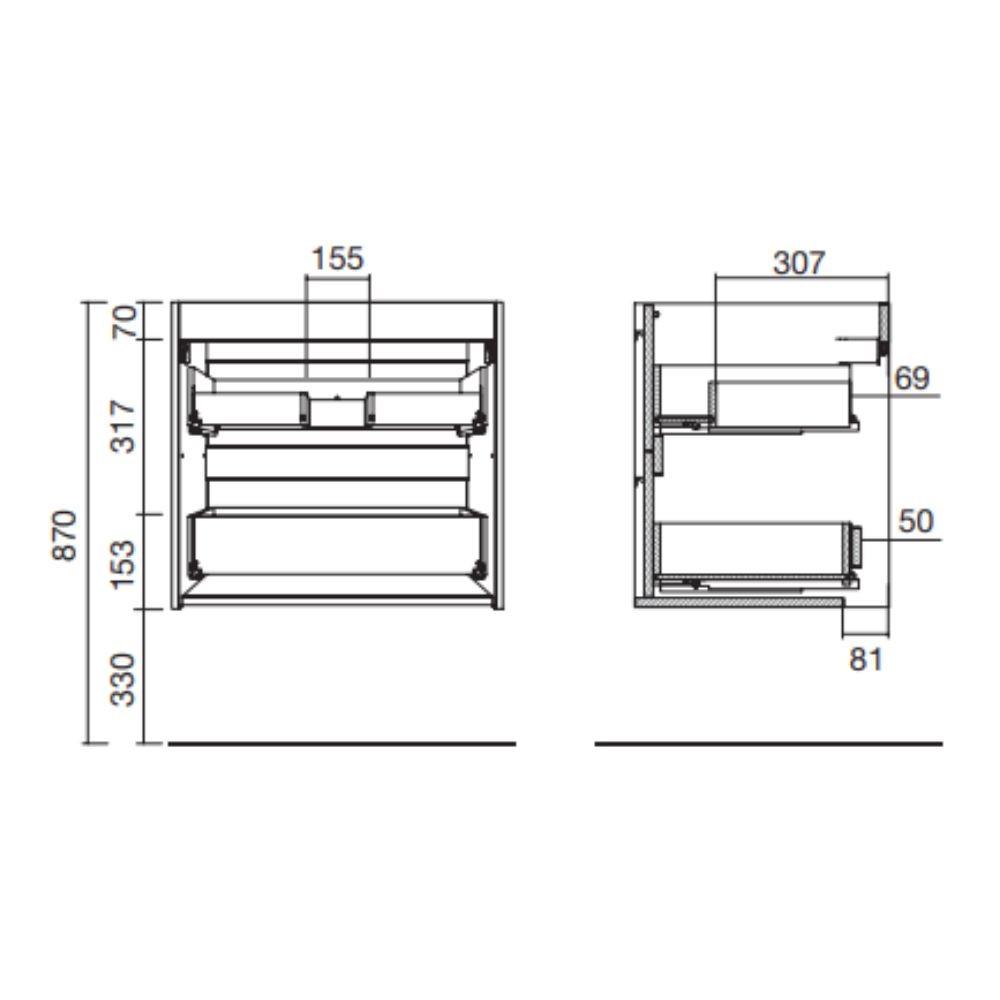 Mobile bagno sospeso rovere eternity 4 cassetti con doppio lavabo appoggio  120x45x54h Nuar120