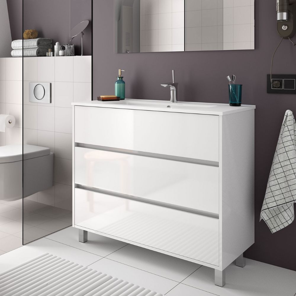 mobile bagno sospeso moderno laccato bianco lucido con specchiera