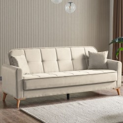 Divano letto 3 posti Marina contenitore in Austin 2 beige e piedi in legno