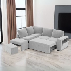 Divano letto angolare reversibile Jozzis con vano contenitore e pouf in tessuto Zenith...