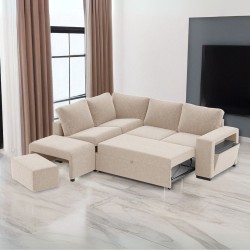 Divano letto angolare reversibile Jozzis con vano contenitore e pouf in tessuto Dubai...