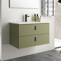 Mobile bagno sospeso Invicta con due cassetti colore verde oliva con maniglie nere...