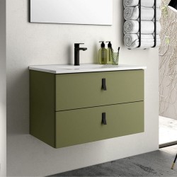 Mobile bagno sospeso Invicta con due cassetti colore verde oliva e maniglie nere...