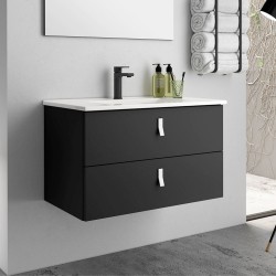 Mobile bagno sospeso Invicta con due cassetti colore nero e maniglia bianca 80x48x45 cm.