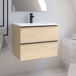 Mobile bagno sospeso Senda con 2 cassettoni colore rovere chiaro effetto cannettato e...