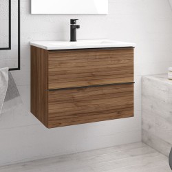 Mobile bagno sospeso Senda con 2 cassettoni colore noce effetto cannettato e maniglie...