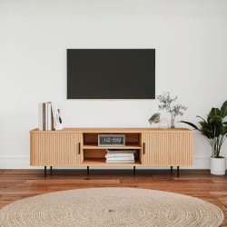 Mobile porta tv Kajsa 56B con ante scorrevoli listellate  e vani a giorno colore rovere