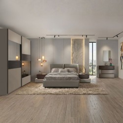 Camera da letto Kendra con letto contenitore imbottito e armadio 2 ante scorrevoli con...