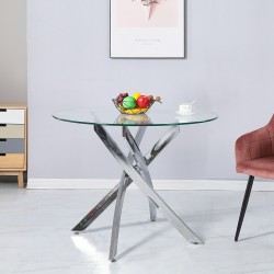 Tavolo da pranzo tondo fisso Peyton con piano in vetro temperato e gambe cromate...