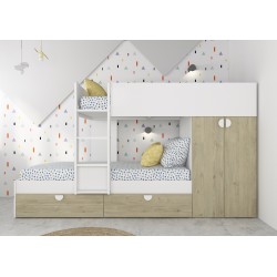 Cameretta con letto a castello con cassettoni e armadio reversibile colore rovere e bianco