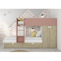 Cameretta con letto a castello con cassettoni e armadio reversibile colore rovere e...