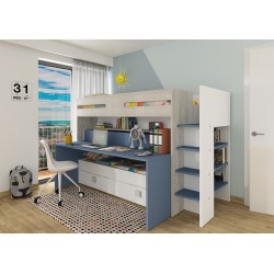 Letto a castello 6070 bianco celeste con scrivania estraibile