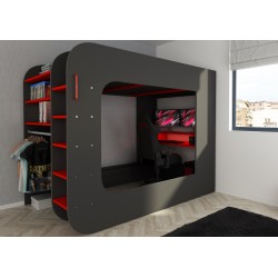 Letto a soppalco 5000 con postazione gamer reversibile antracite rosso