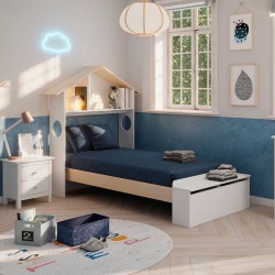 Letto singolo Odessa con testiera casetta e pediera contenitore in legno massiccio...