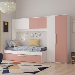 Cameretta a ponte 6007 con letto estraibile e armadio colore bianco e rosa antico...
