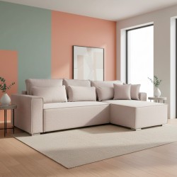 Divano angolare Emily con funzione letto easy open con contenitore e penisola...