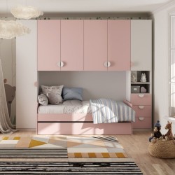 Cameretta a ponte Gilbert bianco opaco e rosa flamingo con letto estraibile