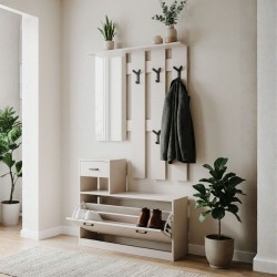 Mobile ingresso Rudolf con specchio ganci appendiabito e base scarpiera in beige