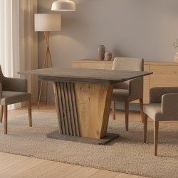 Tavolo allungabile Luna con piano e base colore cemento e gamba in rovere con dettaglio...