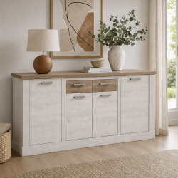 Madia Flux 4 ante in colore pino bianco e 2 cassetti e top rovere antico