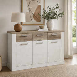Madia Flux 3 ante e 3 cassetti in colore pino bianco e rovere antico