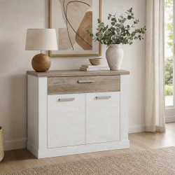 Madia Flux 2 ante e 1 cassetto in colore pino bianco e rovere antico