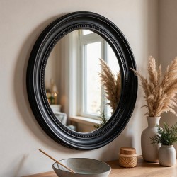 Specchio decorativo da parete MR512 rotondo con cornice con bordo interno perlinato nero
