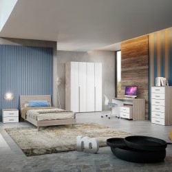 Cameretta Joice02 con letto in legno 120 cm. e armadio 4 ante battenti e scrivania in...