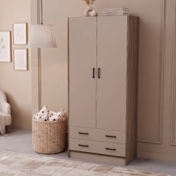 Armadio H 210 cm. 2 ante con 2 cassetti con cassa noce naturale e ante cashmere