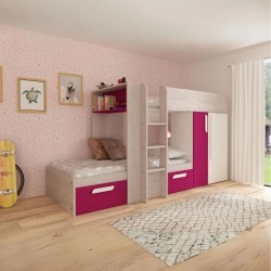 Letto a castello 1298 reversibile con armadio e 2 cassetti bianco consumato e fucsia