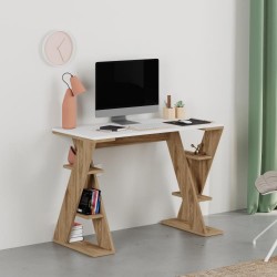 Scrivania Papillon 106 cm. struttura con mensole a giorno piano bianco e gambe rovere...